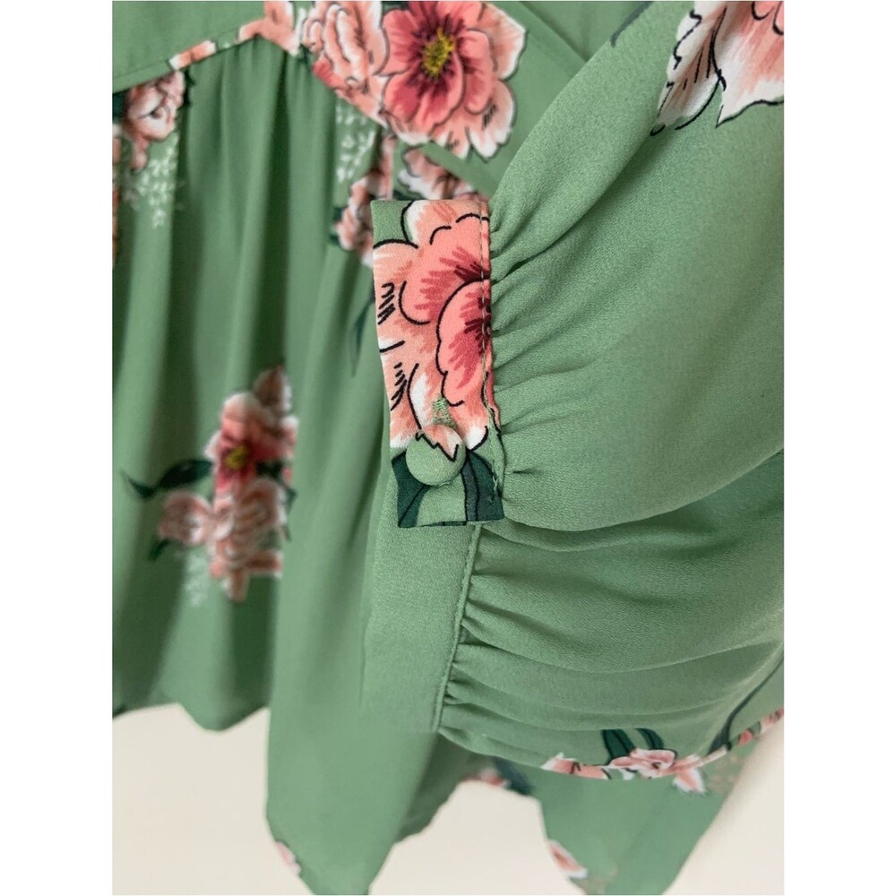 LOFT Green Floral V-Neck Peasant Long Sleeve Blouse Top Semi Sheer M Feminine - Picture 3 of 8